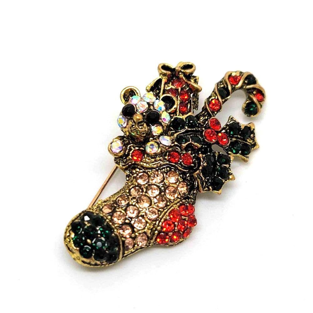Holiday Greetings Winter Christmas Cheer Crystal Gold-Tone Stuffed Sock Brooch 13$